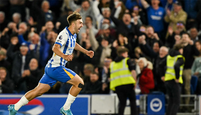 Brightons Jack Hinshelwood celebrates after scoring against Liverpool. —AFP