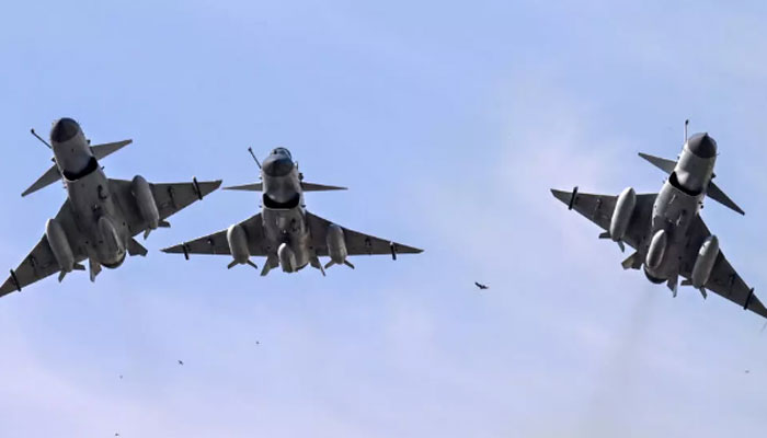 Pakistan Air Force J10-C fighter jets fly over Islamabad during a national day parade on March 23, 2025. — AFP
