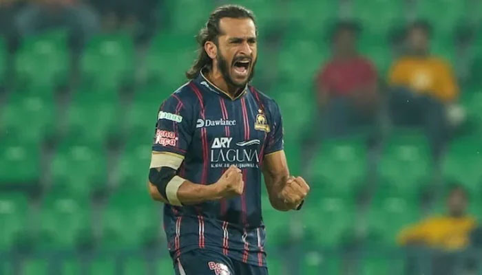 Karachi Kings vice-captain Hasan Ali celebrates after taking wicket during the Pakistan Super League (PSL) 10 match against Quetta Gladiators at the Gaddafi Stadium in Lahore on April 25, 2025. — PCB