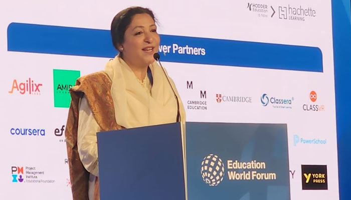 State minister for education Wajiha Qamar addresses the Education World Forum 2025 gathering of education ministers in London on May 21, 2025. — Facebook@mofept