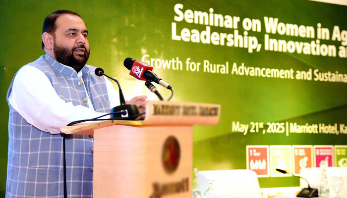 Federal Minister for National Heritage & Culture Aurangzeb Khan Khichi addressing a seminar on Women in Agriculture Leadership, Innovation and Impact and Entrepreneurship at local hotel on May 21, 2025. — APP