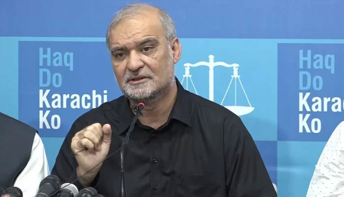 Jamaat-e-Islami Emir-elect Hafiz Naeemur Rehman speaks during a press conference in Karachi in this still on November 13, 2023. — Facebook@HafizNaeemRehman