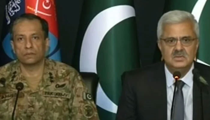 Director General of the Inter-Services Public Relations Lieutenant General Ahmed Sharif Chaudhry (Left) and Interior Secretary Captain (retd) Khurram Muhammad Agha speak to media, Islamabad, May 23, 2025. — Screengrab via YouTube/Geo News