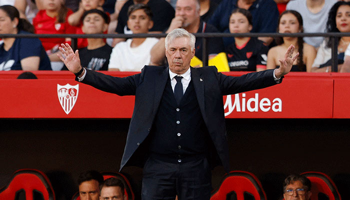 Real Madrid coach Carlo Ancelotti reacts against Sevilla on May 18, 2025. — Reuters