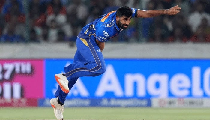 Mumbai Indians (MI) fast bowler Jasprit Bumrah in his follow-through during the match against Sunrisers Hyderabad (SRH) in the Indian Premier League (IPL) 2025 in Hyderabad on April 23, 2025. — BCCI