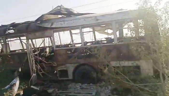 The bus that was damaged during the attack in Khuzdar, on May 21, 2025. — YouTube/Geo News/Screengrab