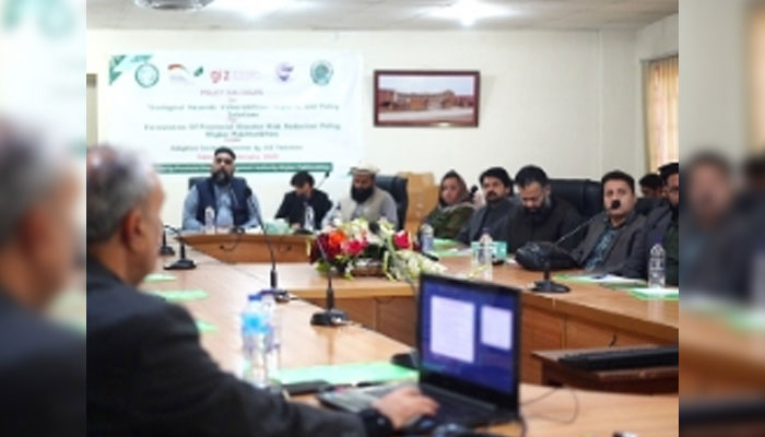 Participant speaks during a one-day policy dialogue on “Inclusive Disaster Resilience: Addressing Adaptive Social Protection (ASP), Gender Equity & Complex Emergencies” organised by the PDMA KP on February 19, 2025. — Facebook@pdmakpofficial