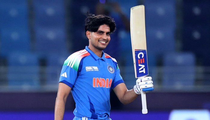 Indias Shubman Gill celebrates after reaching his century during ICC Mens Champions Trophy 2025 match between India and Bangladesh at Dubai International Stadium on February 20, 2025. — Reuters