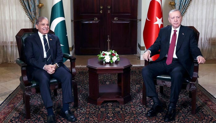 Prime Minister Shehbaz Sharif meets Turkish President Tayyip Erdogan on May 25, 2025 in Istanbul, Turkiye. — PID