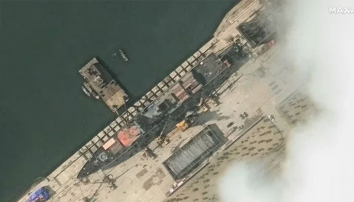 A satellite image shows the new North Korean warship at harbour before launch, in Chongjin, North Korea, May 18, 2025. —Reuters