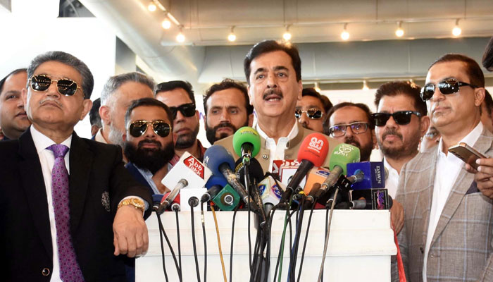 Senate Chairman Syed Yousuf Raza Gilani  talking to media persons during the ISEM Expo B2B 2025, in Lahore on May 25, 2025. — PPI