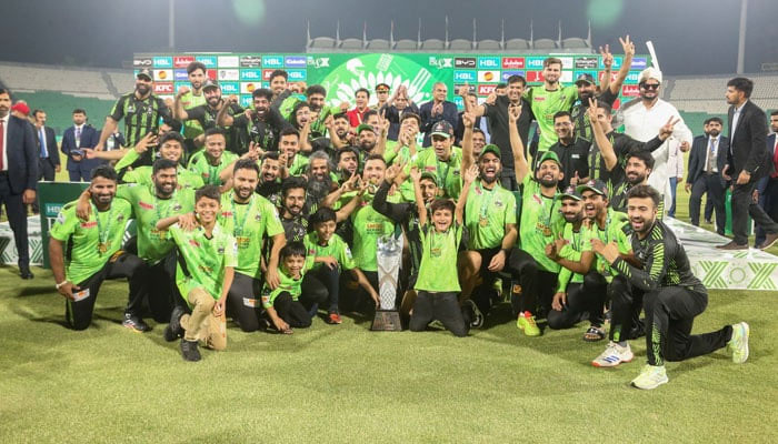 Lahore Qalanders team celebrating with the PSL X trophy on May 25, 2025. — Facebook@thePSL