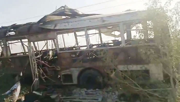 The bus that was damaged during the attack in Khuzdar, on May 21, 2025. — YouTube/Geo News/Screengrab