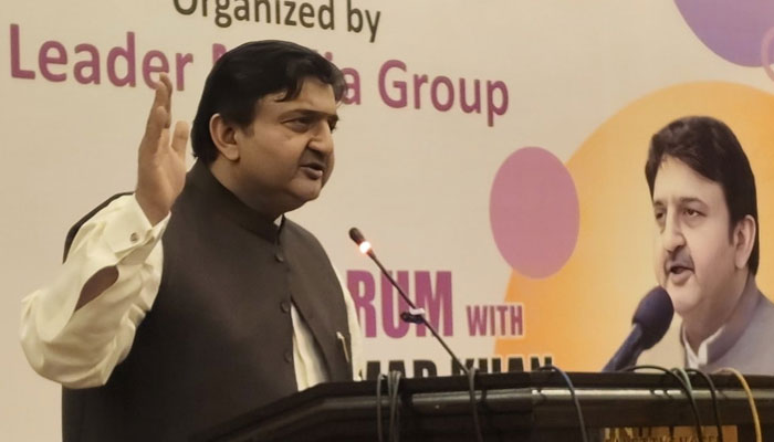 Speaker of the Punjab Assembly Malik Ahmad Khan addressing a ceremony at a local hotel on May 26, 2025. — Facebook@MalikMAhmadKhan