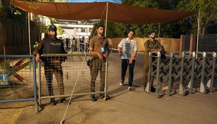 Security personnel stand guard at Gaddafi Stadium, in Lahore on May 25, 2025. — Facebook@DIGOpsLahore