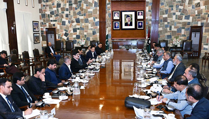 Sindh Chief Minster, Syed Murad Ali Shah is seen in a meeting with Federal Minister for Communications Aleem Khan, along with a high level delegation at CM House in Karachi on May 26, 2025. — PPI