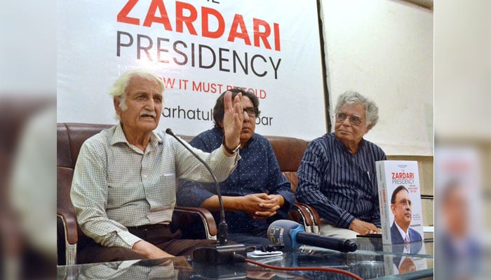 Pakistan Peoples Party senior leader Farhatullah Babar addresses a ceremony during the unveiling of his book The Zardari Presidency (2008 “2013) “ Now It Must Be Told at the Karachi Press Club on May 26, 2025. — APP