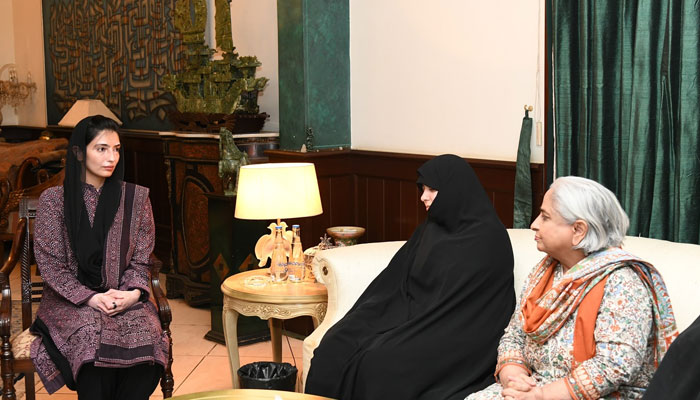 First lady of Pakistan Aseefa Bhutto Zardari (left) in a meeting with Dr Reyhaneh Sadat Raeisi, the daughter of the late Iranian president Shaheed Ebrahim Raisi (centre) at the Bilawal House on May 26, 2025. — Facebook@Bilawalhouse