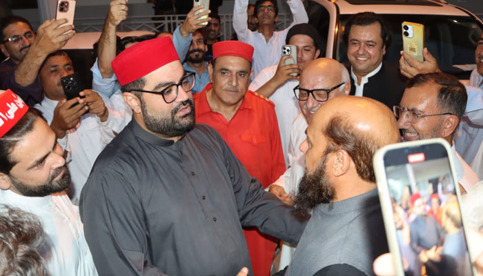 Awami National Party President Aimal Wali Khan (left) meets with chairman of the Pakistan Telecommunication Authority (PTA), Major-General (R) Hafeezur Rehman (right) at the Bacha Khan Markaz on May 26, 2025. — Facebook@AimalKWali
