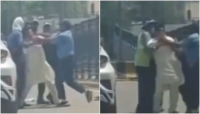 Stills taken from viral CCTV footage shows police personnel fighting with a citizen in Peshawar on May 21, 2025. — Reporter