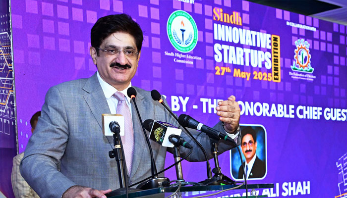 Sindh Chief Minister Syed Murad Ali Shah addresses the audience at the ‘Sindh Startups Exhibition 2025’, organised by the Sindh Higher Education Commission (HEC) in collaboration with the Federation of Pakistan Chambers of Commerce and Industry (FPCCI), held at the FPCCI Headquarters, May 27 2025.—Facebook@SindhCMHouse