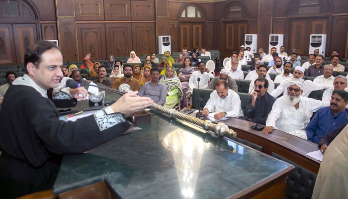 Karachi Mayor Barrister Murtaza Wahab presides over the district council assembly session at Old KMC building in Karachi on May 27, 2025. — PPI