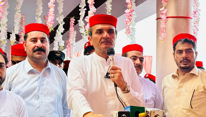 Awami National Party (ANP) leader and former chief minister Ameer Haider Hoti addressing a workers’ convention on May 26, 2025. — Facebook@AmirHaiderkhanHotiOfficial