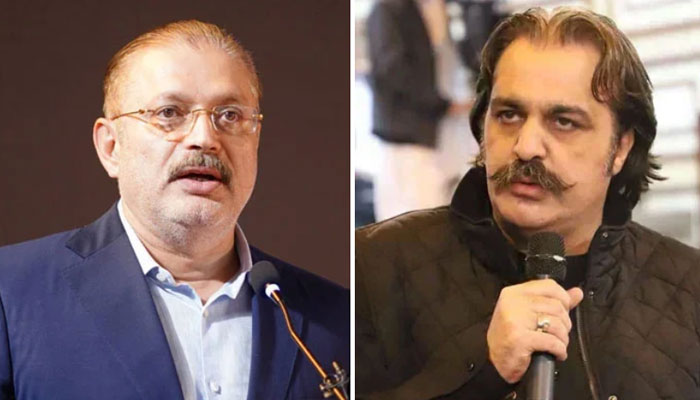 This collage shows Sindh Senior Minister for Information Sharjeel Inam Memon (left) and Khyber Pakhtunkhwa Chief Minister Ali Amin Gandapur. — Facebook@SharjeelInamMemon/@AliAminKhanGandapur/File