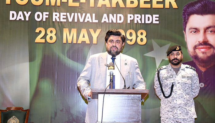 Sindh Governor Kamran Tessori speaks at a ceremony at the Governor House to mark Youm-e-Takbeer on May 28, 2025. — APP