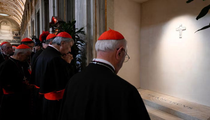 Cardinals visit the tomb of Pope Francis in Papal Basilica of Saint Mary Major (Santa Maria Maggiore), in Rome, Italy, April 27, 2025. — Reuters