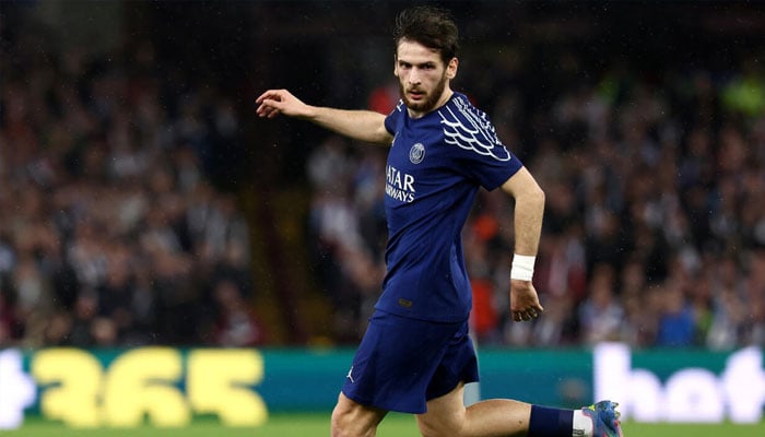 Khvicha Kvaratskhelia in action for Paris Saint-Germain against Aston Villa in the Champions League quarter-finals last month. —AFP/File