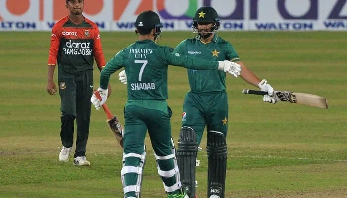 Pakistans Mohammad Nawaz and Shadab Khan celebrate their win in the first Twenty20 international cricket match between Bangladesh and Pakistan at the Sher-e-Bangla National Cricket Stadium in Dhaka on November 19, 2021. — AFP