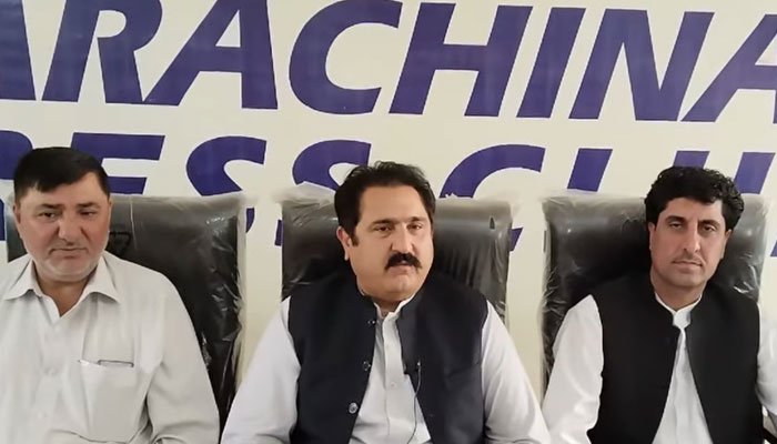 Former federal minister and Pakistan Peoples Party (PPP) provincial vice-president Sajid Hussain Turi (centre) addressing a press conference at the press club in Parachinar on May 29, 2025. — Screengrab via Facebook@Sajid Hussain Turi