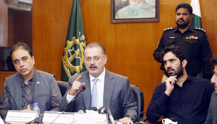 Sindh Senior Minister for Information and Transport Sharjeel Inam Memon addresses during a ceremony for the success of Operation Banyan-um-Marsoos organized by FPCCI at Federation House in Karachi on May 29, 2025. — PPI