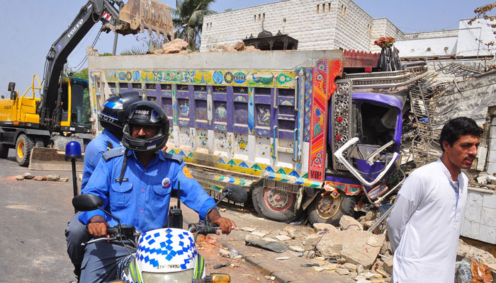 View of site after traffic accident due to over speeding, at Defence Mor road in Karachi  on May 29, 2025. — Online