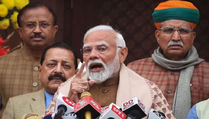Indias Prime Minister Narendra Modi speaks with the media inside the parliament premises upon his arrival on the first day of the budget session in New Delhi, India, January 31, 2024.— Reuters