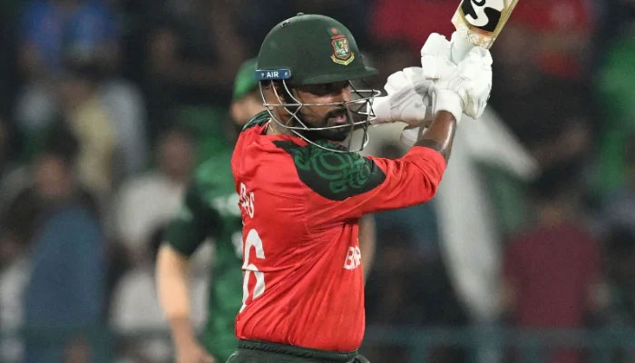 Litton Das plays a shot during the first Twenty20 international cricket match between Pakistan and Bangladesh at the Gaddafi Cricket Stadium in Lahore on May 28, 2025. — AFP
