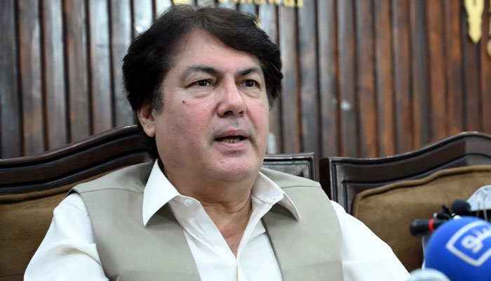 Advisor to the Chief Minister on Information and Public Relations Barrister Dr Muhammad Ali Saif addresses to media persons during press conference, at Peshawar press club on May 30, 2025. — PPI