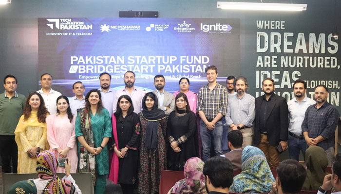 Participants pose for a group photo during the regional launch event of the Pakistan Startup Fund (PSF) and BridgeStart Pakistan on May 30, 2025. — Facebook@PeshawarNIC