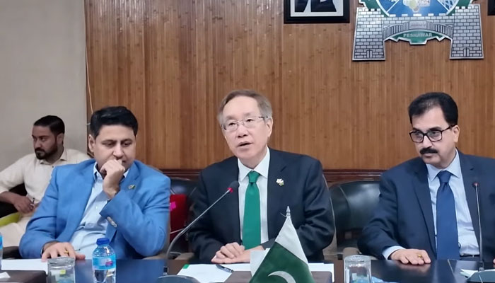Pakistan and South Korea, Ambassador of the Republic of Korea, Park Kijun (centre) in a meeting during his visit to the Sarhad Chamber of Commerce and Industry on May 29, 2025. — Screengrab via Facebook@sarhadchamber