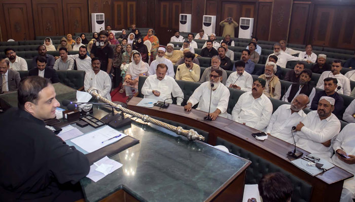 Karachi Mayor Barrister Murtaza Wahab presides over the district council assembly session at Old KMC building in Karachi on May 30, 2025. — PPI
