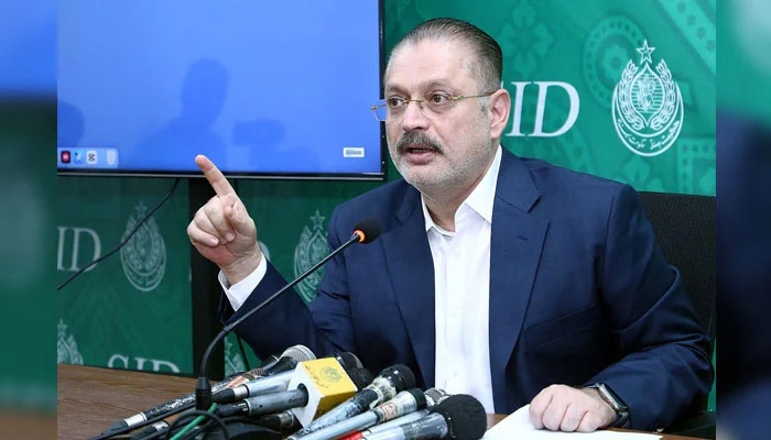 Sindh Senior Minister for Information and Transport Sharjeel Inam Memon addresses media persons during press conference, in Karachi on May 26, 2025. — PPI