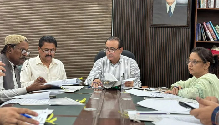 Special Assistant to the Sindh Chief Minister on Minorities Affairs Dr Lalchand Ukrani chairs a meeting on May 29, 2025. — LalChandUkraani