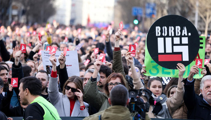 People attend a protest organised by ProGlas, the Serbian pro-democracy movement, amid opposition claims of major election law violations in Belgrade city and parliament races, in Belgrade, Serbia on December 30, 2023. — Reuters
