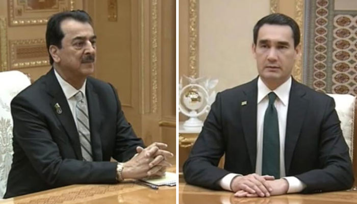This collage shows, Chairman Senate Syed Yousaf Raza Gilani (left) and President of Turkmenistan Serdar Berdimuhamedow (right) image released on June 1, 2025. — PID