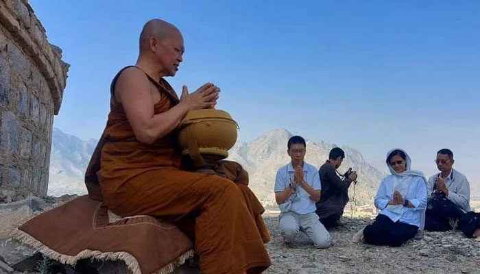 Thailand Chief Monk MV Arayawangso and his team is in Pakistan for an in-depth study of the Buddhist archaeological site stupa in Sultankhel area in Landikotal.—TheNews/File
