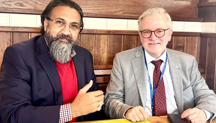 Chairman of the EU-Pak Friendship Federation Europe Dr Perveiz Iqbal Lohsar (T.Kt) (left) pictured with Member of EU Foreign Affairs/Security and Defence Committees of the European Parliament  Michael Gahler during his meeting at the EU Headquarters in Brussels on June 2, 2025. — Facebook@eupakff