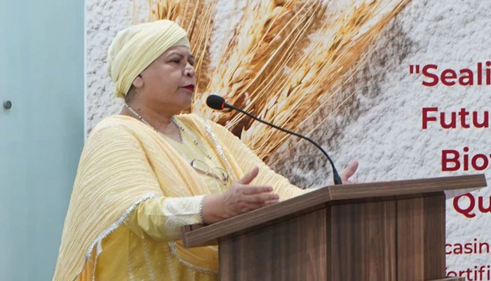 Country director of GAIN Pakistan Farah Naz, addresses an event. — Facebook@gainhealthpakistan/File