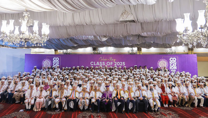 Students and faculty members pose for a group photo during the Habib Universitys 8th Convocation ceremony at a hotel in Karachi on June 1, 2025. — Facebook@HabibUniversity