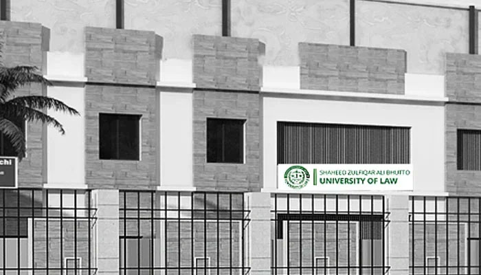 Shaheed Zulfiqar Ali Bhutto University of Law name on building seen in this image. — Facebook@szabulofficial/file